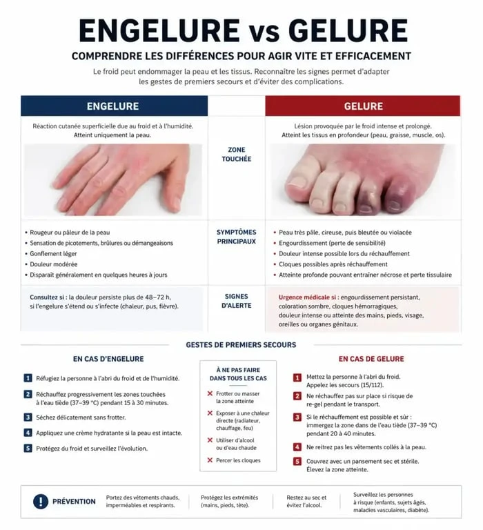 Infographie comparative : différence entre engelure et gelure pour le traitement des pieds