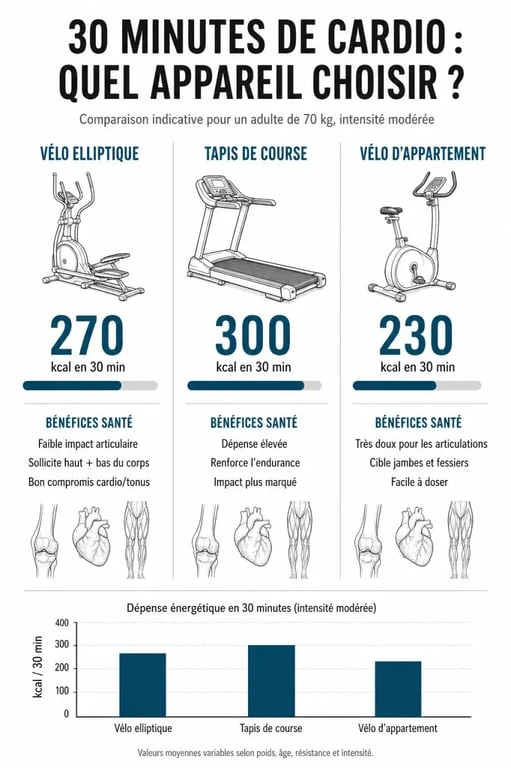 Infographie comparative des bénéfices santé et calories brûlées : 30 minutes de vélo elliptique par jour.