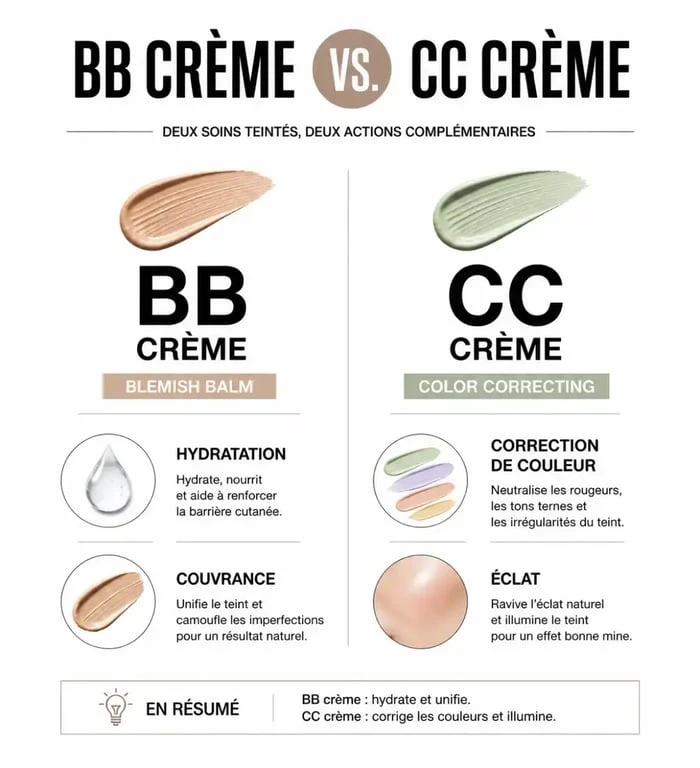 Infographie comparative des différences entre BB crème et CC crème pour le teint