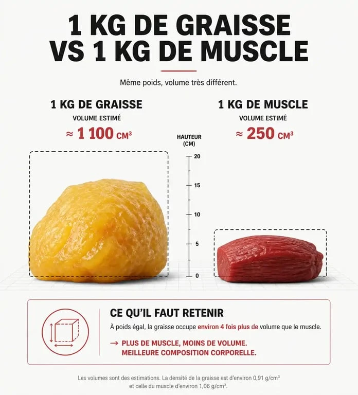 Comparaison visuelle entre le volume de la graisse et du muscle pour comprendre pourquoi on s'affine sans perdre de poids