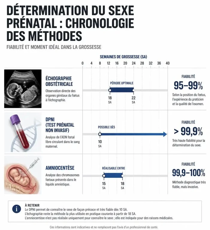 Infographie comparative des méthodes médicales pour connaître le sexe du bébé