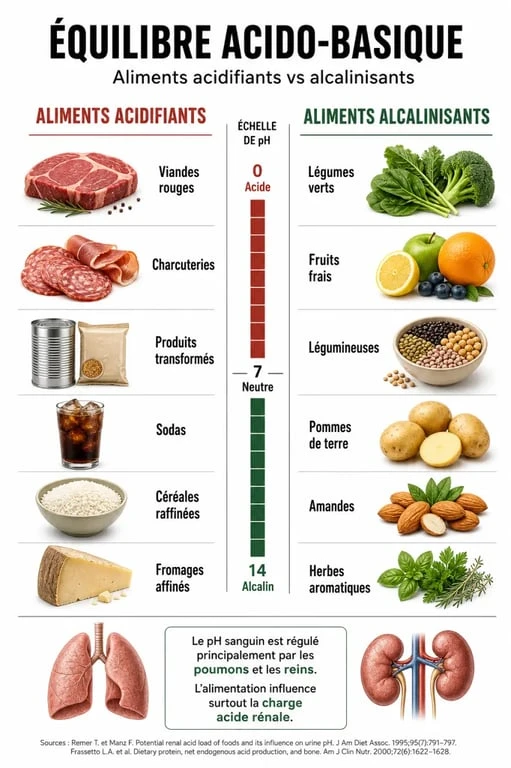 Infographie sur l'équilibre acido-basique et les 4 signes que votre corps est trop acide