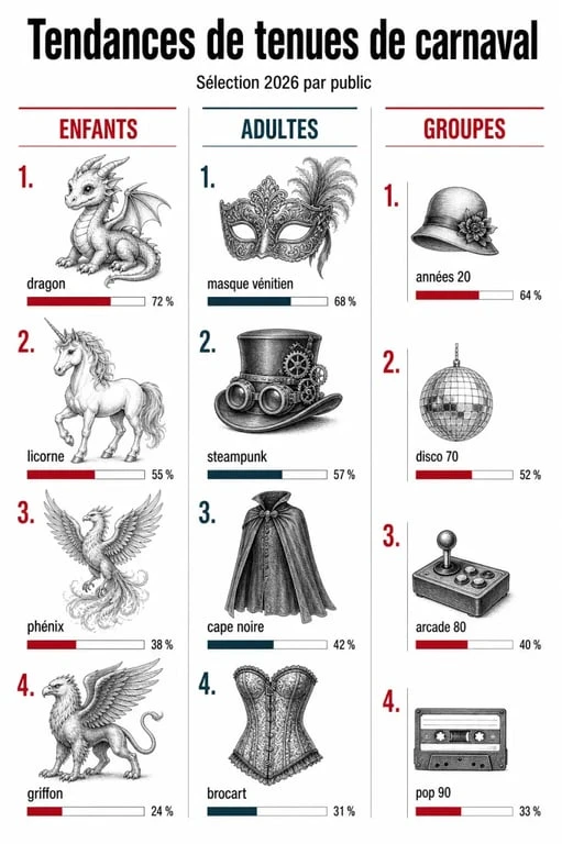 Infographie des tendances de tenue de carnaval pour enfants, adultes et groupes