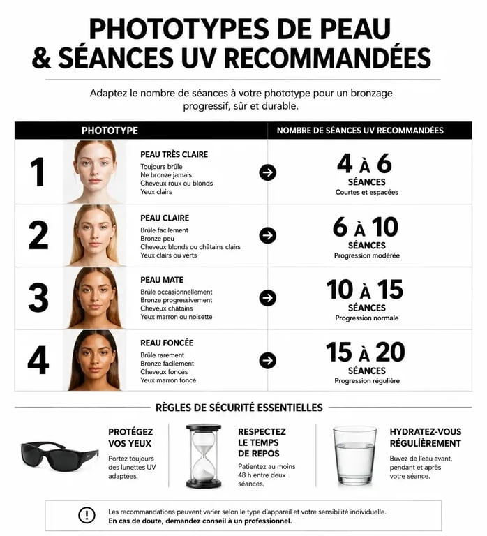 Infographie sur le nombre de séances UV par phototype et conseils de sécurité pour un bronzage en cabine
