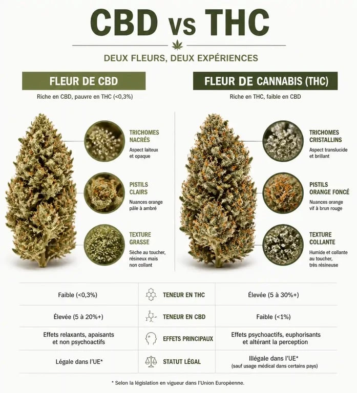 Infographie comparative montrant la différence visuelle entre fleur de CBD et cannabis riche en THC