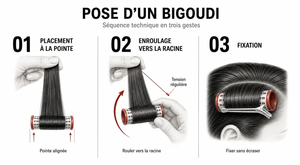 Schéma illustrant les étapes pour mettre des bigoudis : placement, enroulage et fixation pour une mise en pli réussie.