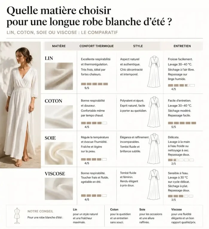 Infographie comparative des matières pour choisir sa longue robe blanche d'été idéale