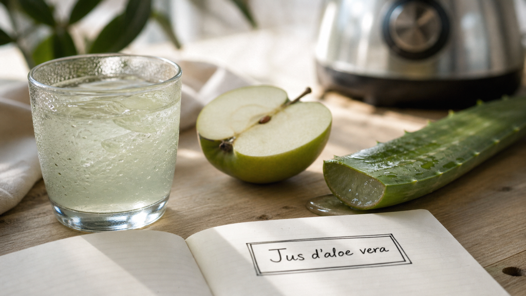 Jus d'aloe vera pour maigrir avis : verre de jus et feuille d’aloe