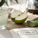 Jus d'aloe vera pour maigrir avis : verre de jus et feuille d’aloe