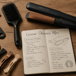 Lisseur cheveux afro et accessoires coiffure sur table