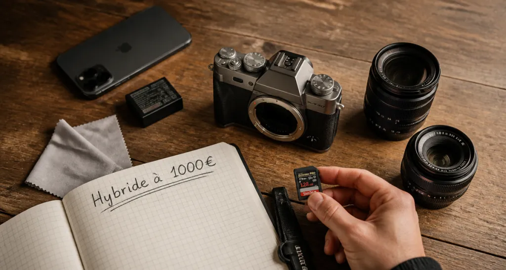 meilleur appareil photo hybride moins de 1000 euros sur table avec accessoires
