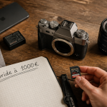 meilleur appareil photo hybride moins de 1000 euros sur table avec accessoires