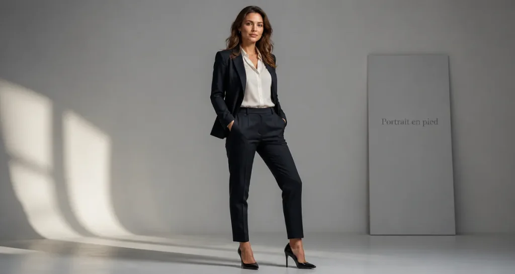 Photo en pied femme studio tailleur posture dynamique