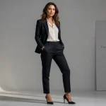 Photo en pied femme studio tailleur posture dynamique