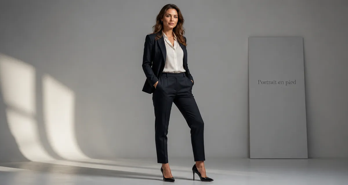 Photo en pied femme studio tailleur posture dynamique
