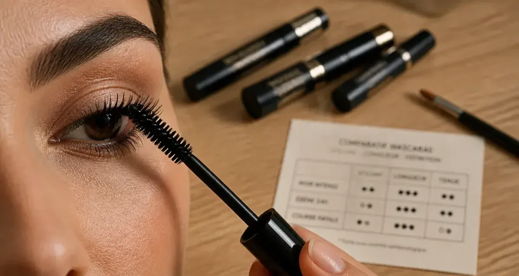 Quel mascara choisir : mascara noir sur cils recourbés, gros plan brosse