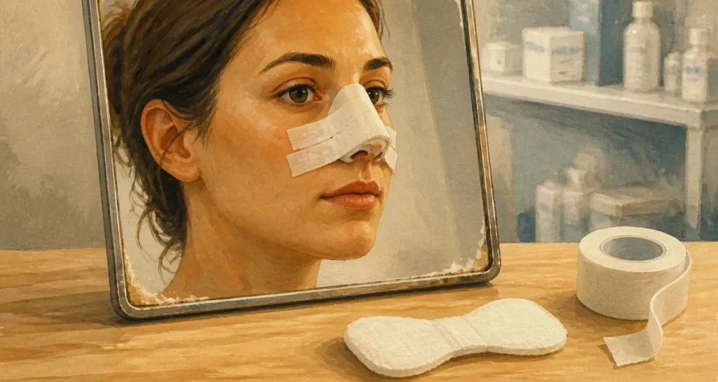 Rhinoplastie pansement : attelle et bandes blanches après la chirurgie
