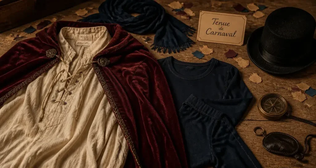 Tenue carnaval avec accessoires : cape, cache-œil et boussole