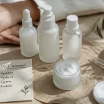 Typology avis dermatologue : flacons sérum et crème, peau en arrière-plan flou