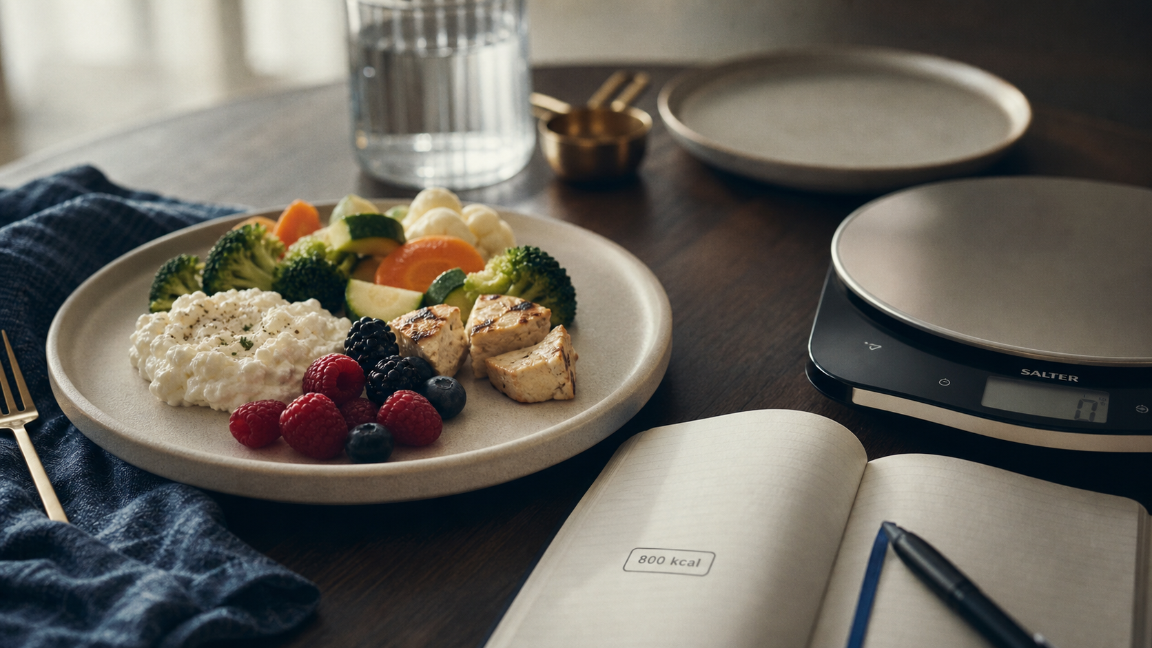 800 calories par jour : plateau minimaliste sur table et carnet « 800 kcal »