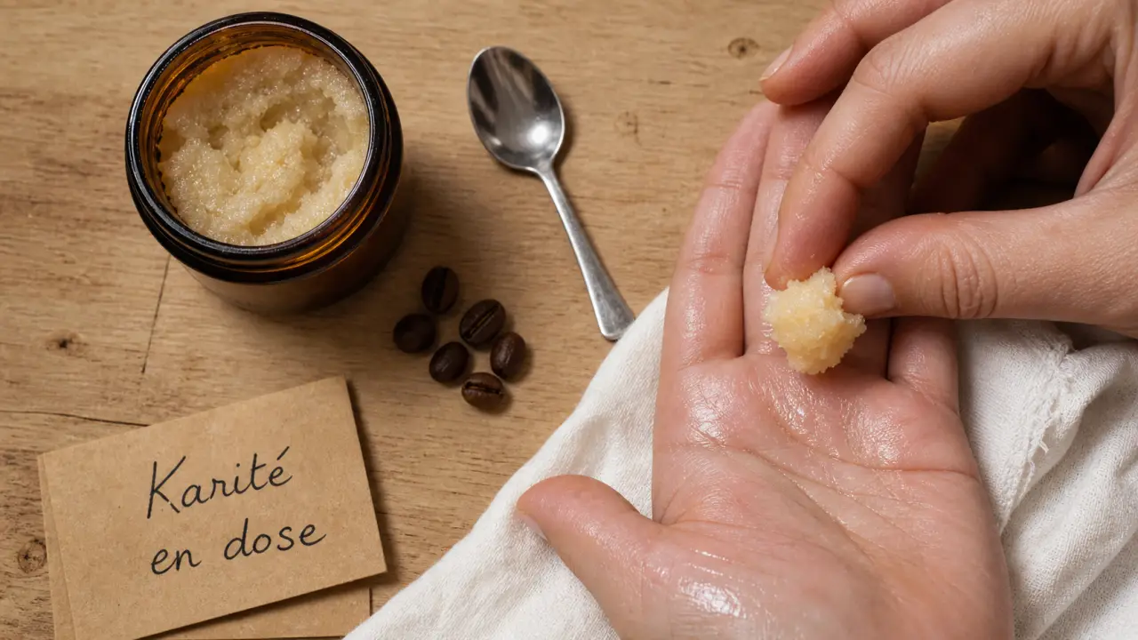 Beurre de karité utilisation : peau et cheveux, pot et texture sur tissu