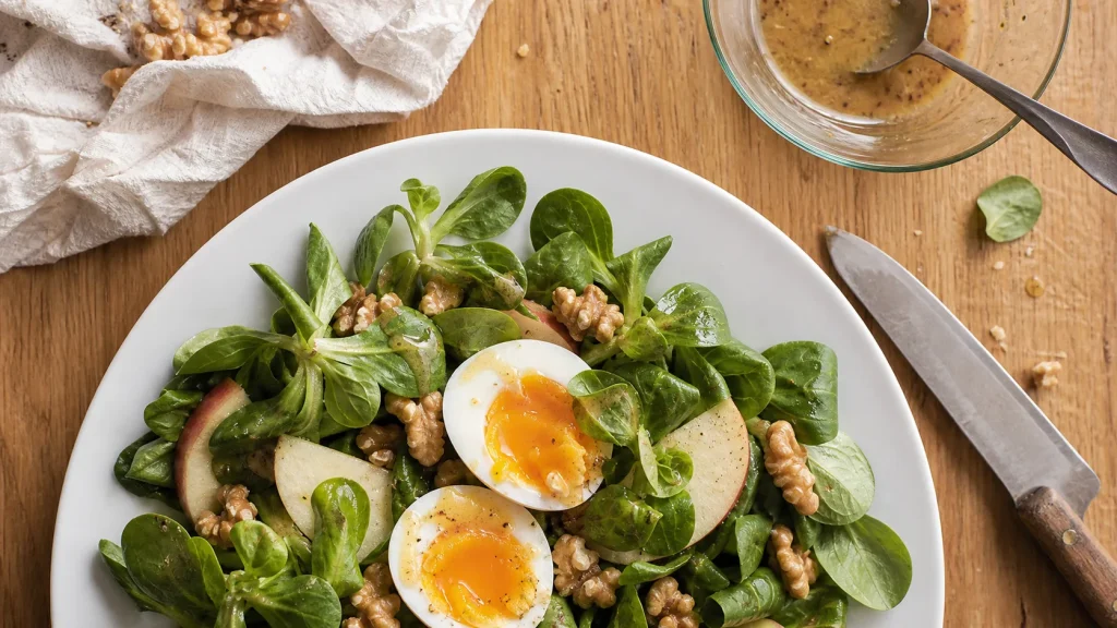 Salade de mâche légère 16 kcal : bienfait de la mâche, noix et œuf mollet