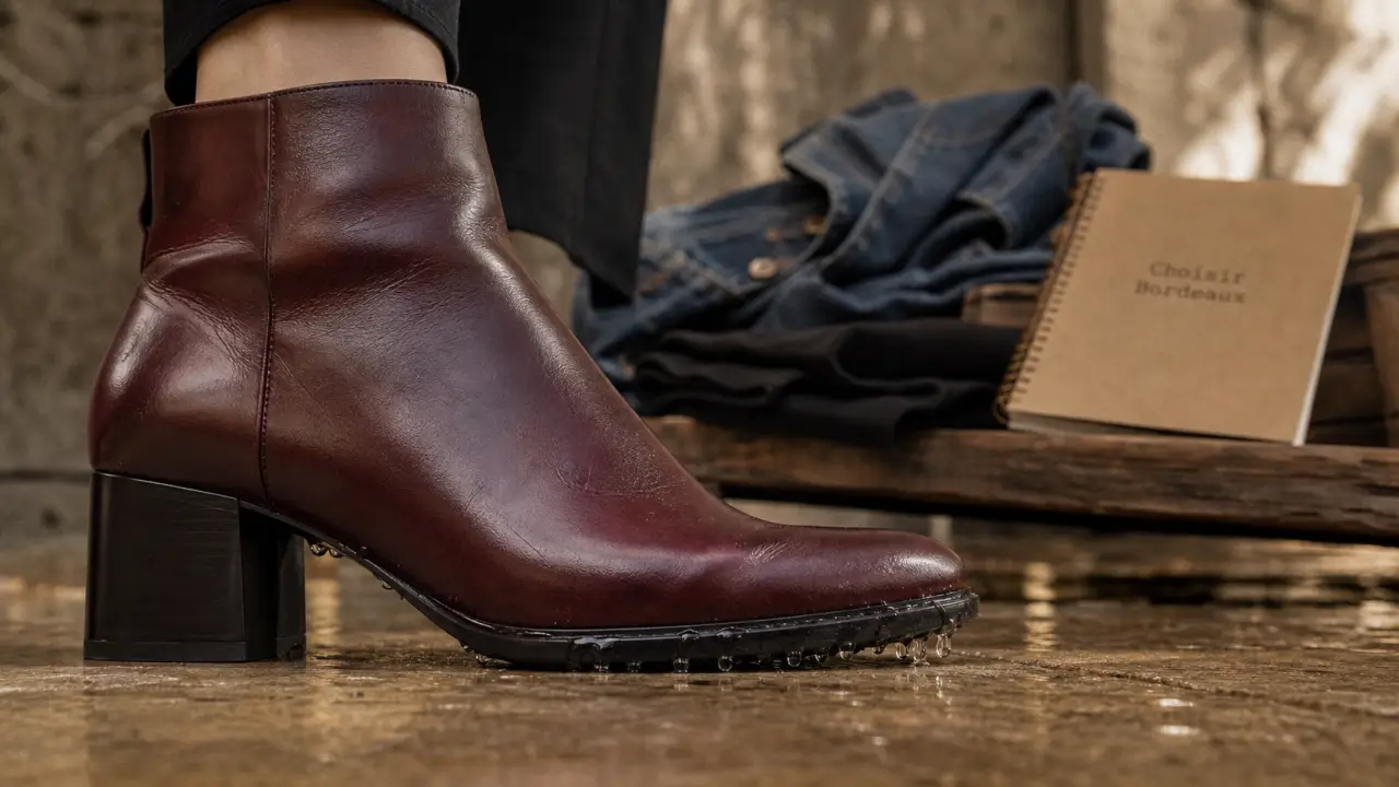 Chaussure bordeaux femme en bottine cuir lisse sur trottoir humide