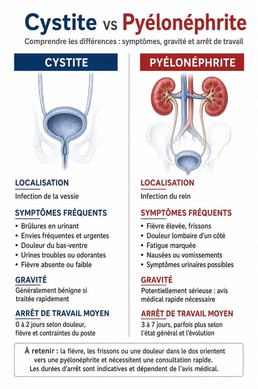Infographie comparative : durée d'arrêt maladie pour infection urinaire, cystite vs pyélonéphrite