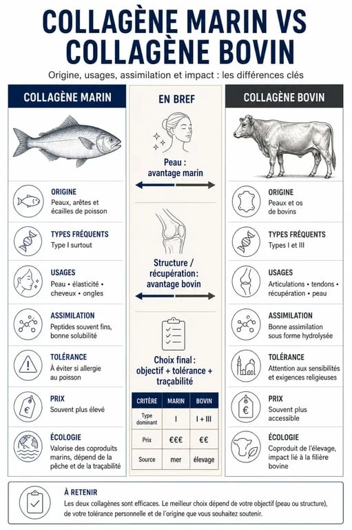 Différence collagène marin et bovin : infographie comparative sur l’origine, l’assimilation, les usages et le prix