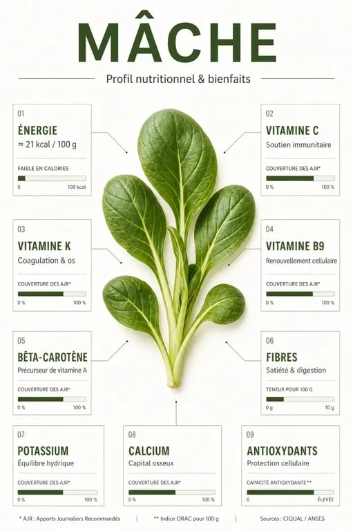 Bienfait de la mache : composition nutritionnelle et effets santé de la mâche