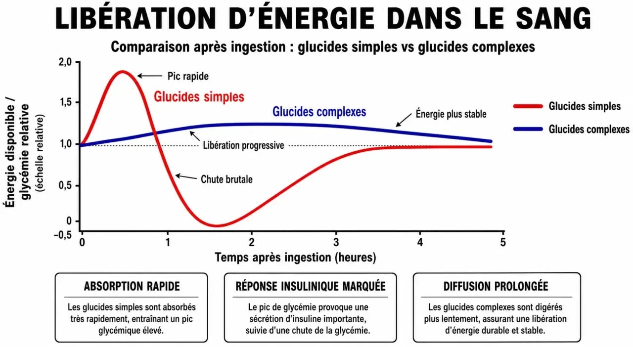 Infographie comparant la libération d'énergie des aliments qui donnent de l'énergie rapidement versus durablement