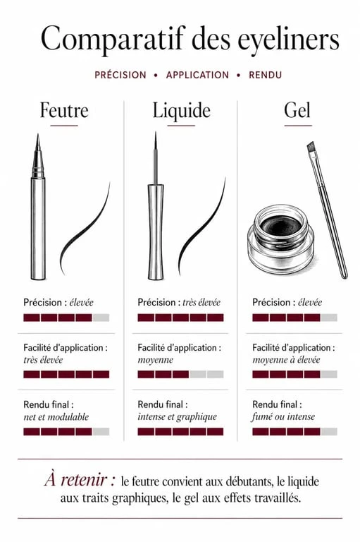 Infographie comparative des types d'eyeliners : feutre, liquide et gel pour choisir le meilleur eye liner