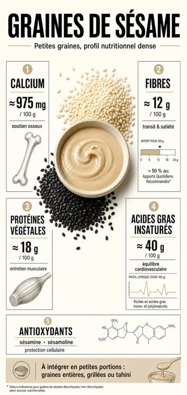 Bienfaits des graines de sesame : visuel nutritionnel sur leurs apports et effets santé