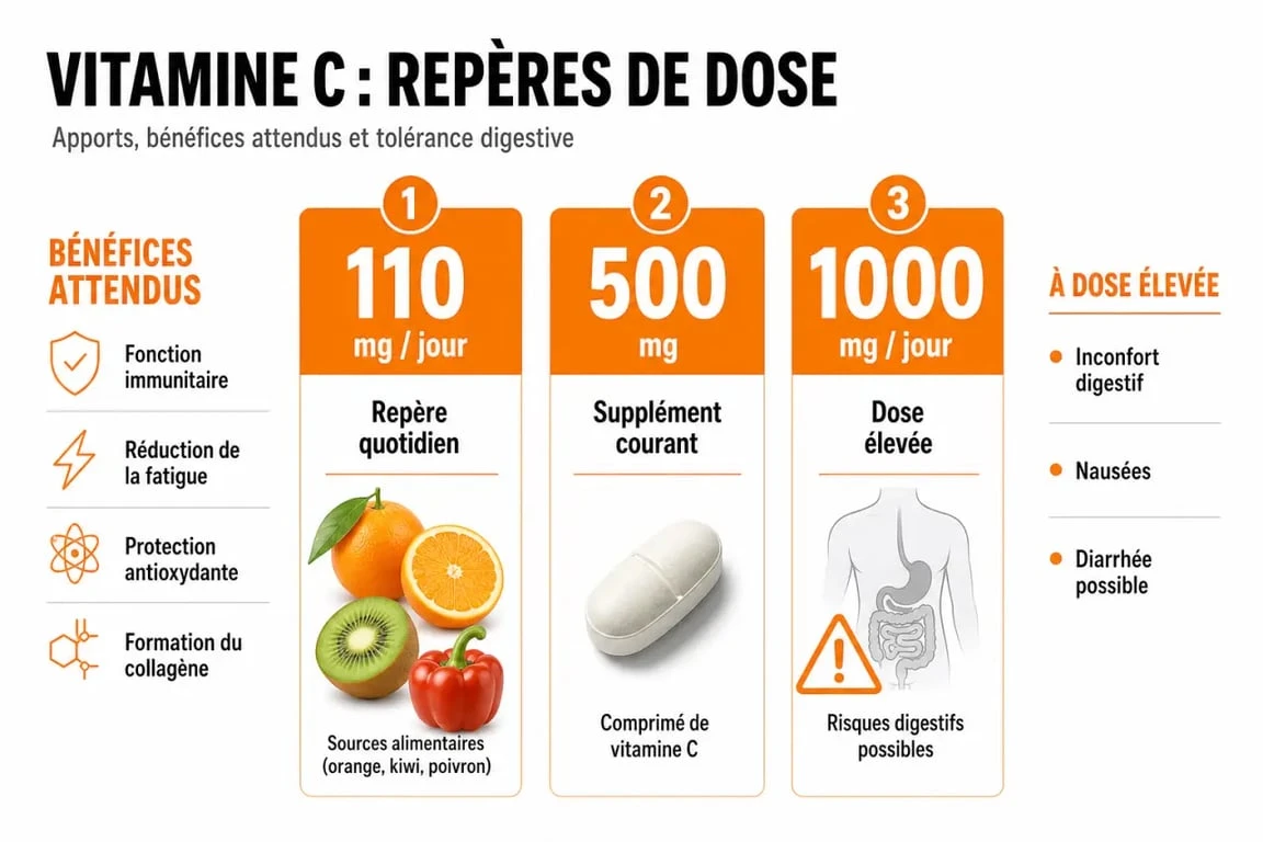 Infographie sur 1g de vitamine C par jour avec repères de dose, bénéfices et risques