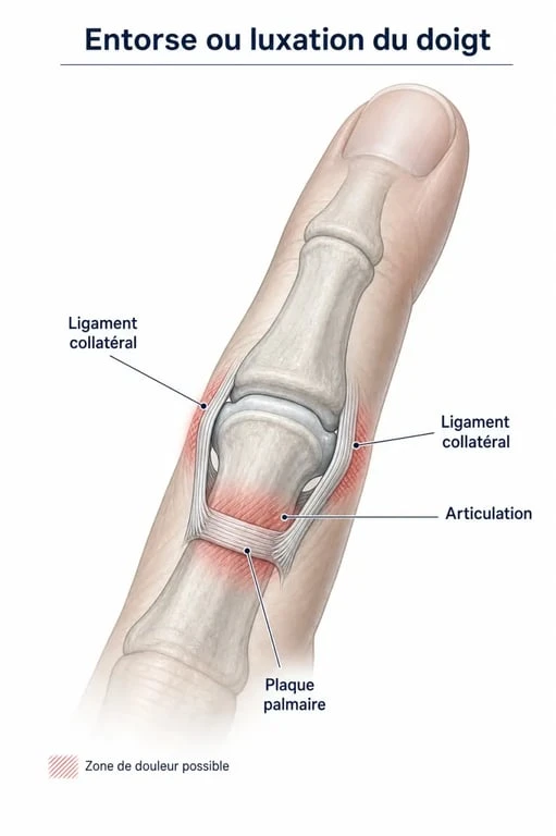 Schéma du ligament du doigt montrant les ligaments collatéraux et la plaque palmaire
