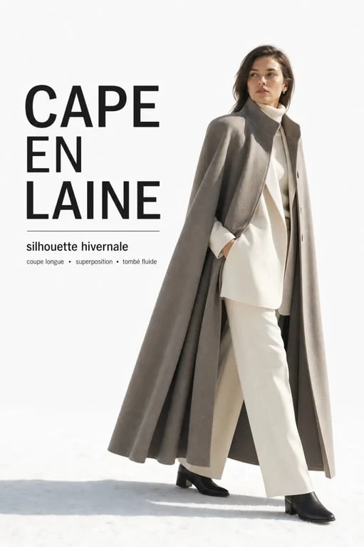 Cape chaude pour femme portée dans un look d’hiver élégant, avec tombé visible et style chic