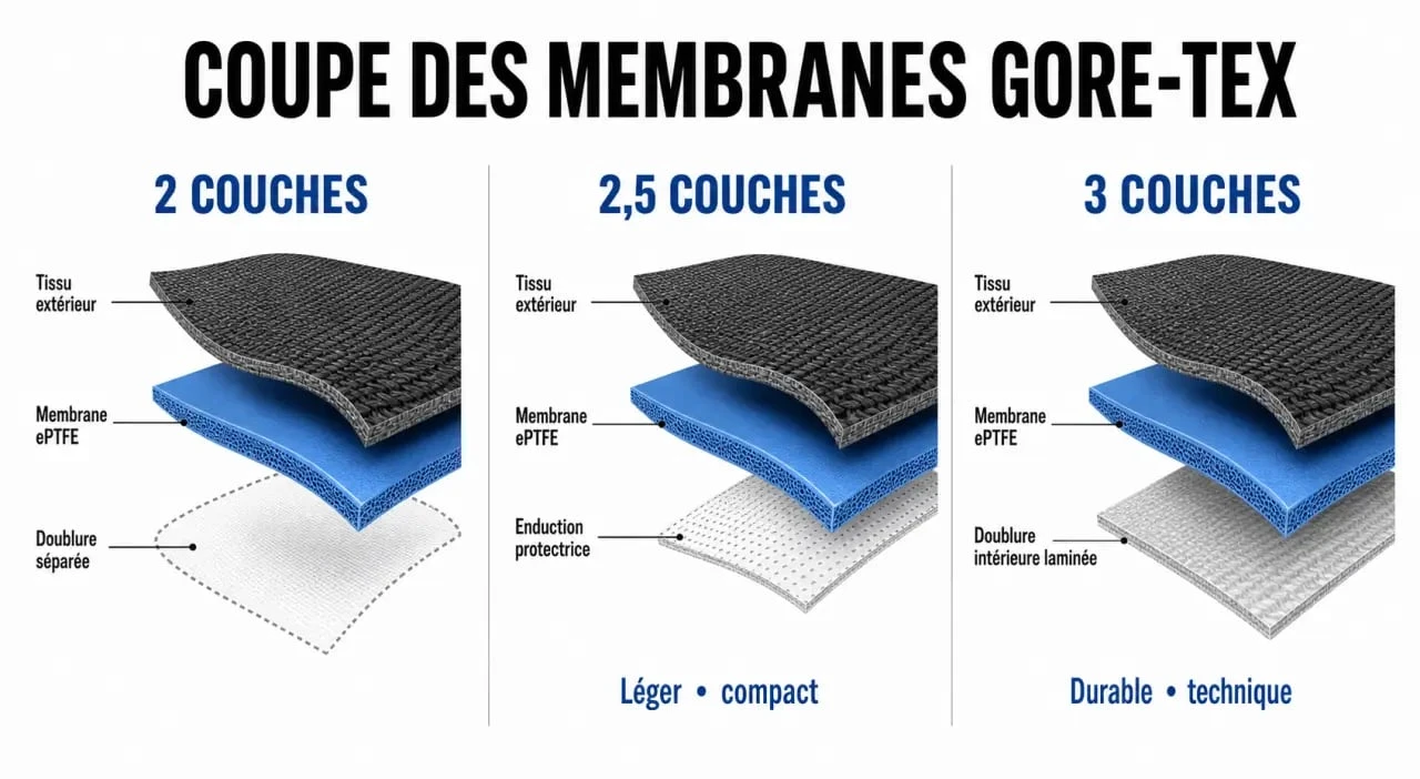 Schéma comparatif des membranes Gore-Tex 2, 2.5 et 3 couches pour veste gore tex femme