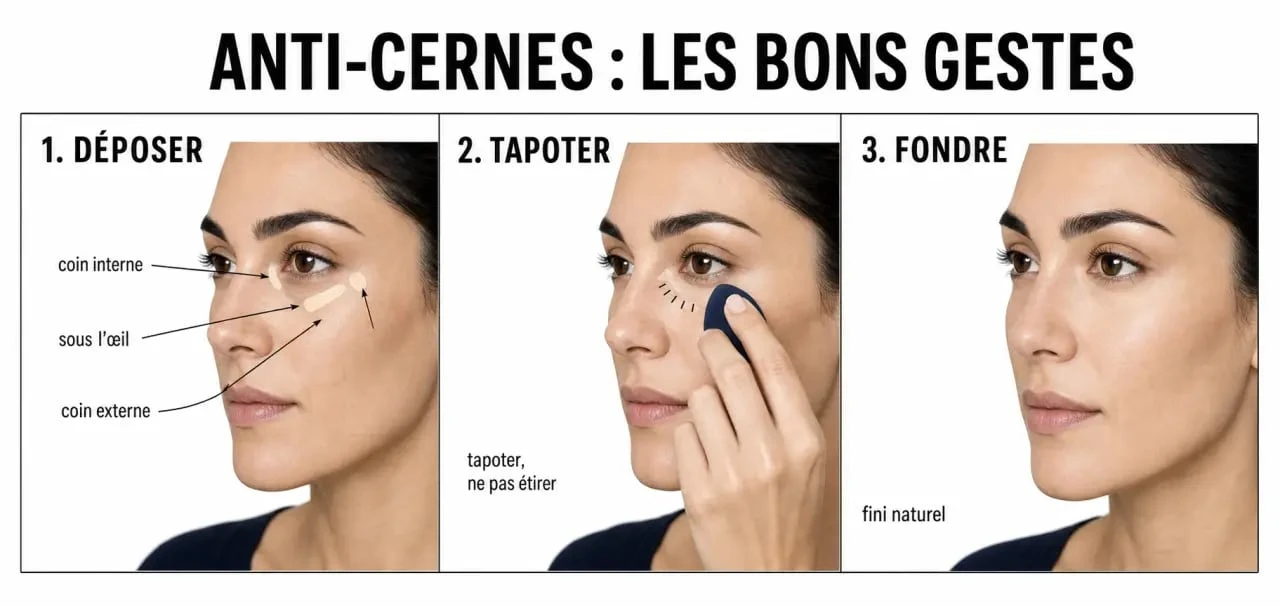 Comment appliquer anti cernes : schéma des zones à corriger et des gestes pour un rendu naturel