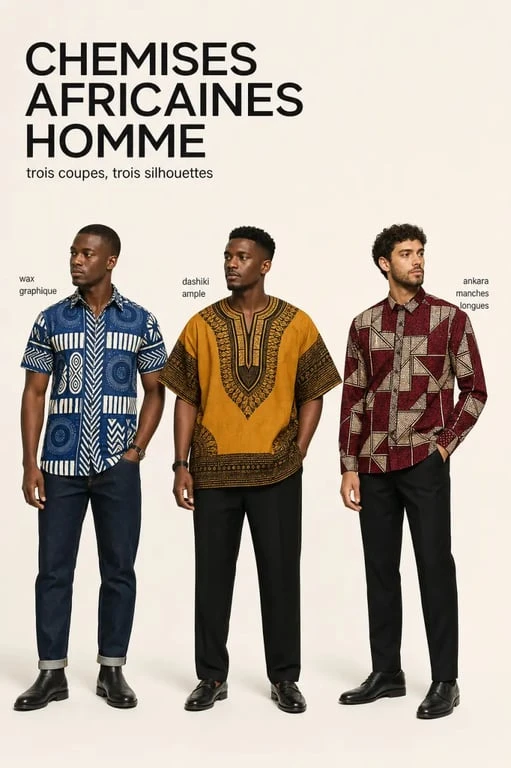 Chemise africaine homme portée en trois styles différents : wax, dashiki et Ankara