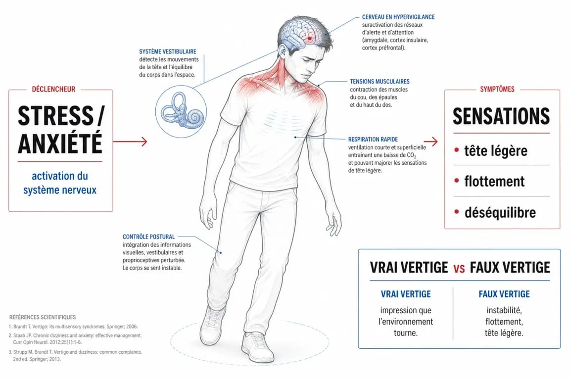 Infographie sur le stress vertige montrant le mécanisme du déséquilibre et les sensations associées