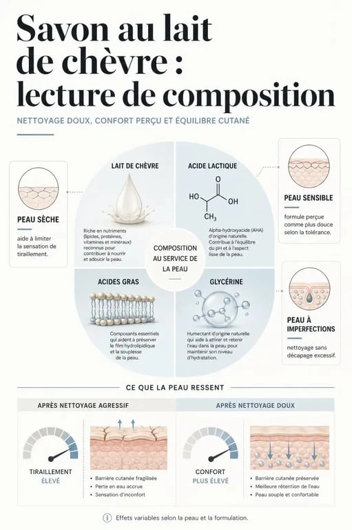 Savon lait de chèvre bienfaits : composition et effets sur la peau en infographie éditoriale