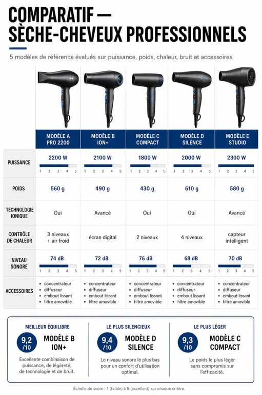 Comparatif des meilleur sèche cheveux professionnel avec puissance, poids et technologies clés