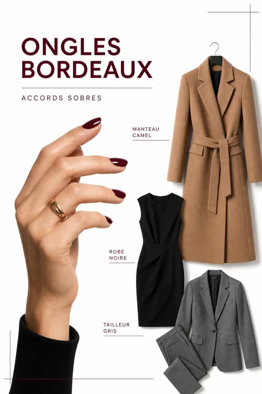 Manucure bordeaux : comment accorder vos ongles à vos tenues avec des exemples sur manteau camel, robe noire et tailleur gris
