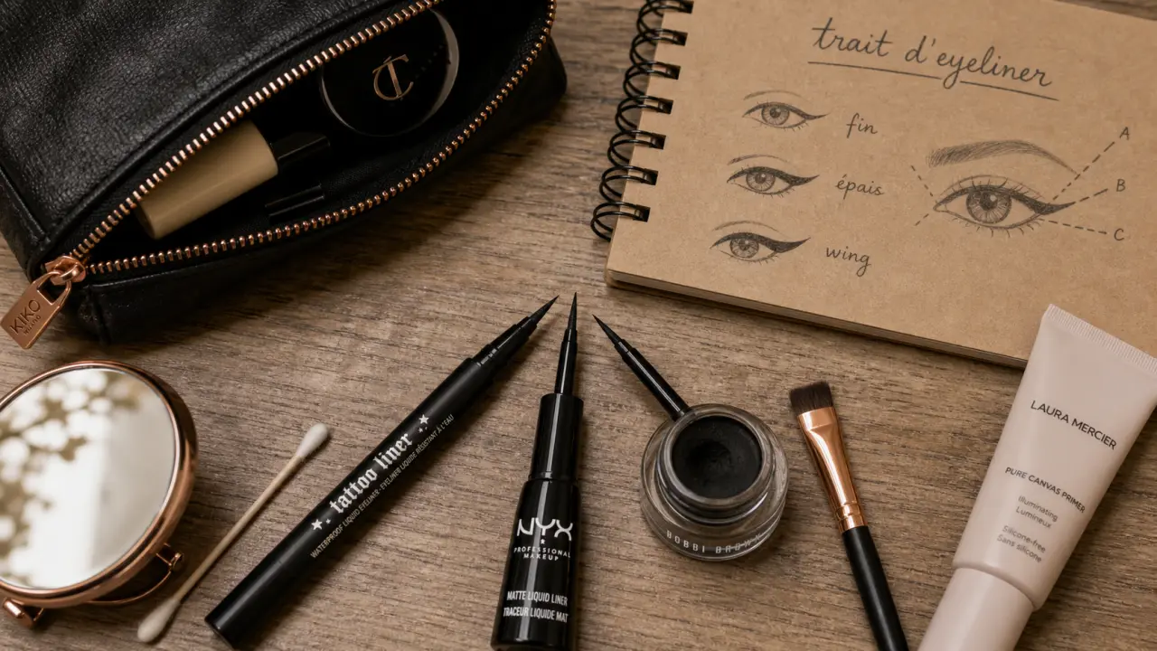 Meilleur eye liner : feutre, liquide et gel sur table bois