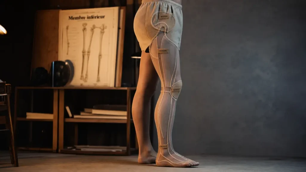 Membre inferieur du corps humain : régions, os, muscles et marche, vue pédagogique de cuisse à pied