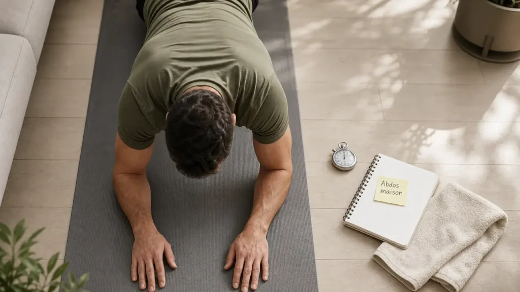Programme abdos homme maison : homme en gainage, 20 min, sans matériel