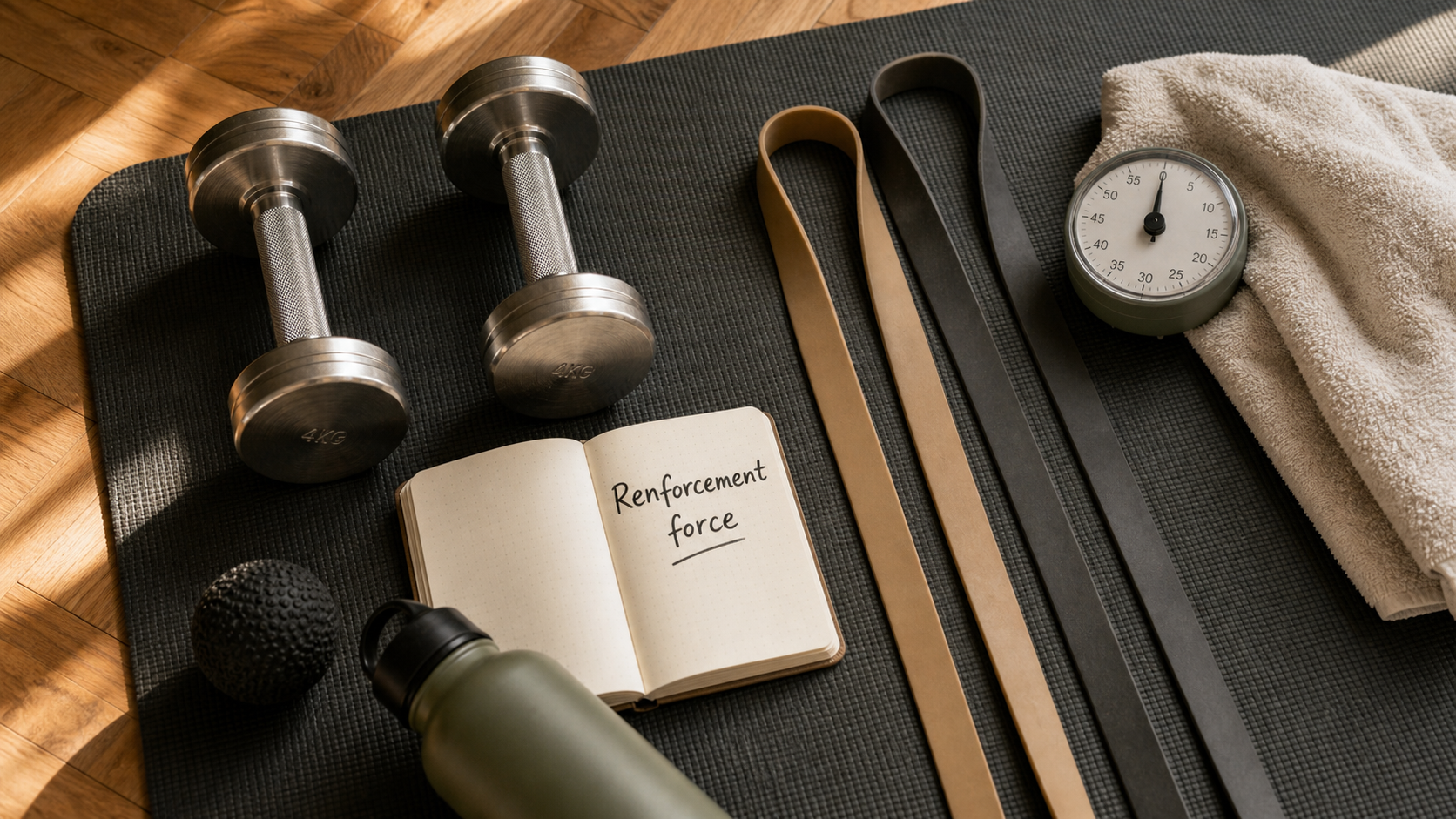Seance de renforcement musculaire : tapis, haltères et bandes de résistance