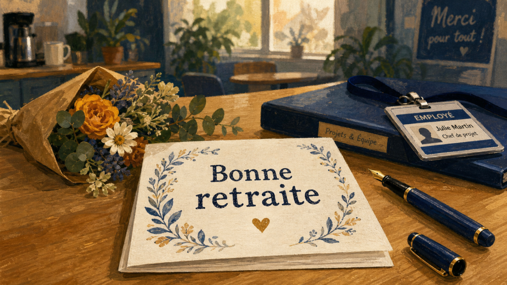 Souhaiter bonne retraite au bureau, carte et fleurs