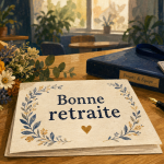 Souhaiter bonne retraite au bureau, carte et fleurs