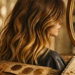 Couleur de cheveux noisette caramel, mèches caramel et reflet doré près du miroir